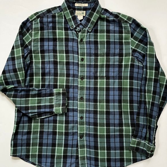 Men's L L Bean Button Down Green Plaid Flannel Shirt Sz Large Traditional Fit - Picture 1 of 4